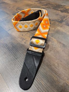 Bright Orange and White Diamond Cotton Ukulele Strap with Leather Ends